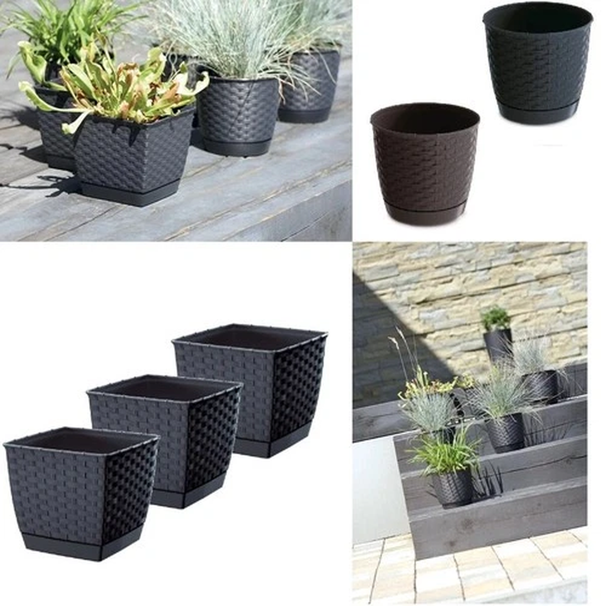 Plant Flower Pot Square & Round Rattan Effect Planter with Saucer Indoor Outdoor
