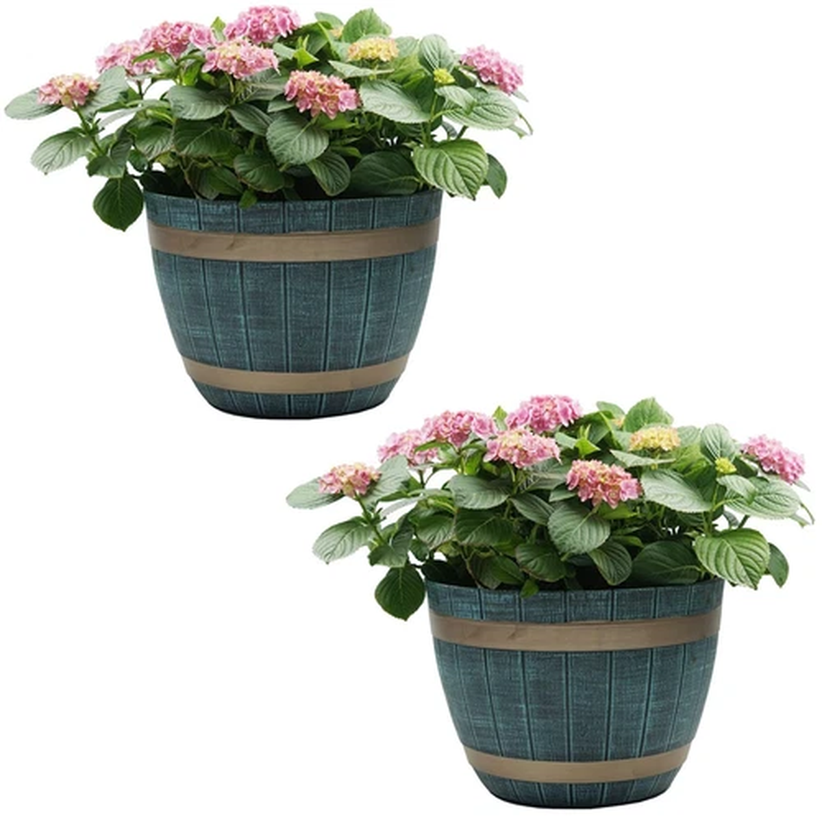 2x Large Blue Rustic Style Plastic Half Barrel Cask Planter Flower Plant Pot Set