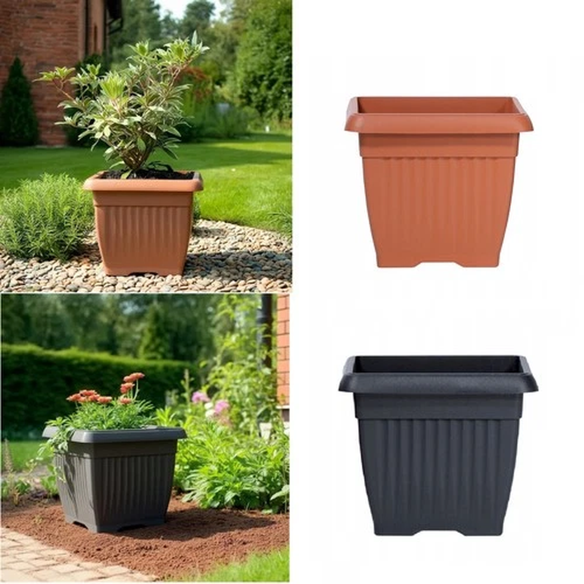 Terra Square Plant Pot 4 Sizes Terracotta/Black Indoor Outdoor