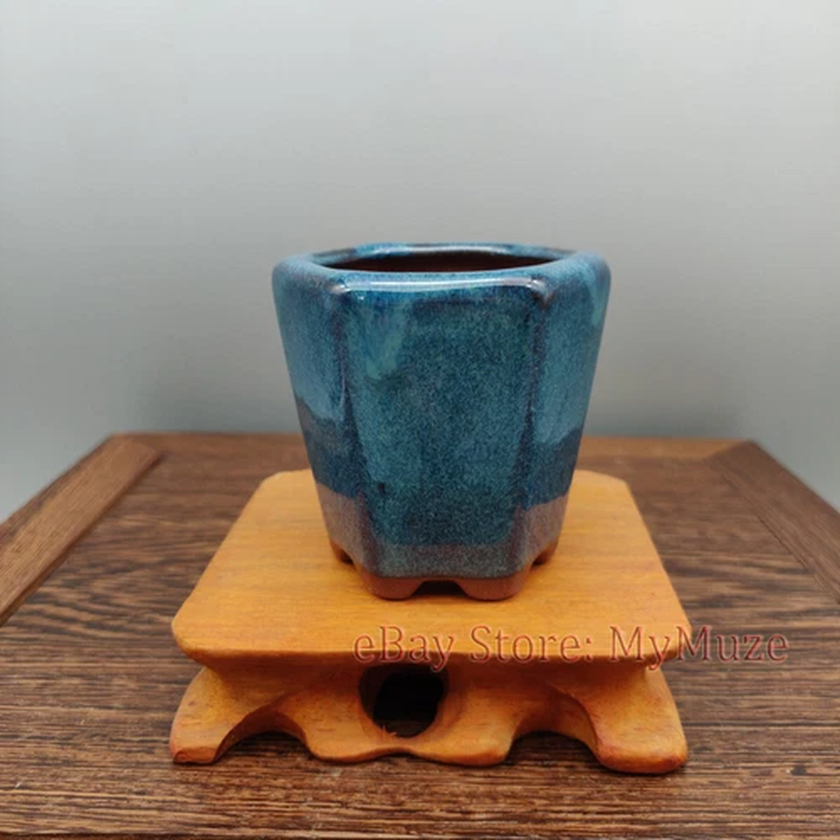 6x6x6cm Hexagon Semi Cascade Blue Glazed Chinese Yixing Mame Bonsai Pot