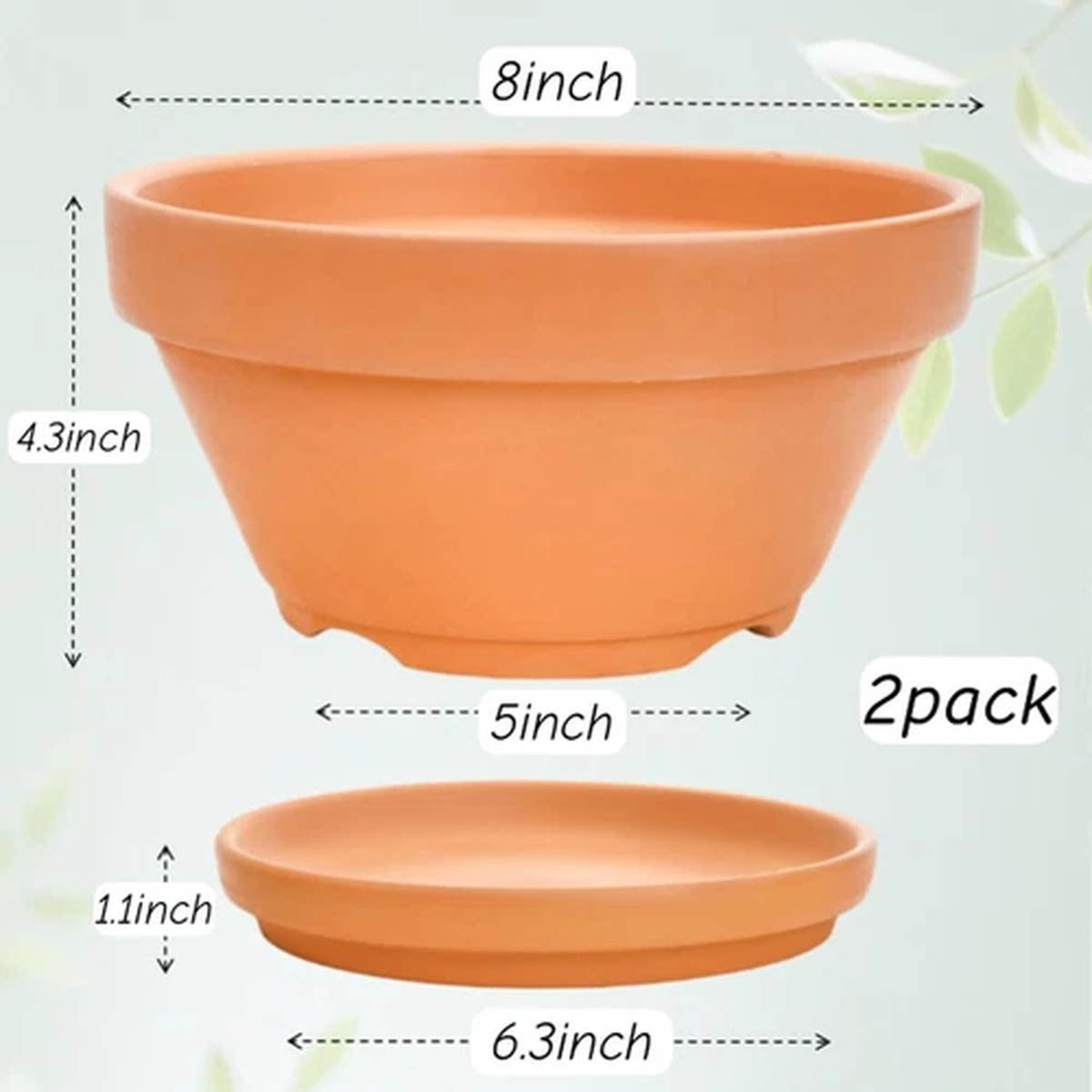 2 Pack 8" Shallow Succulent Terracotta Pots Drainage Hole Saucer Clay Plant Bowl