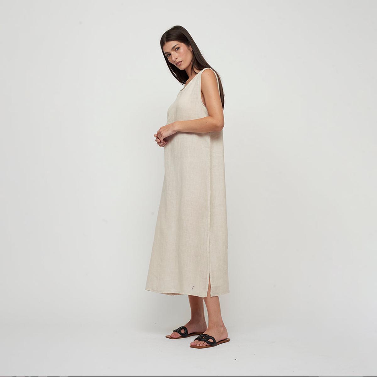 Maxi Linen Dress with Split Nude
