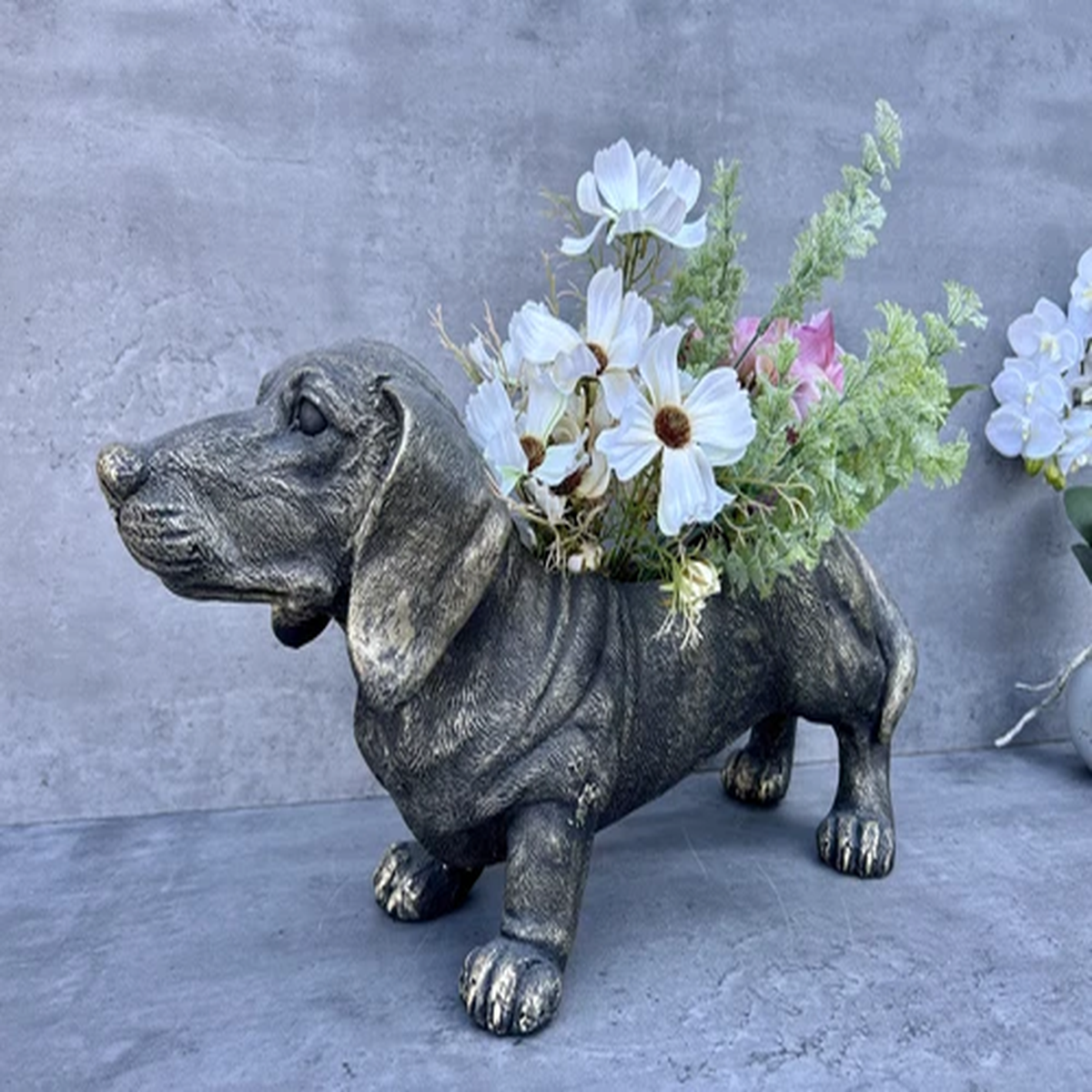 Sausage Dog Planter Dachshund Plant Pot Grey Bronzed Finish Whimsical Planter