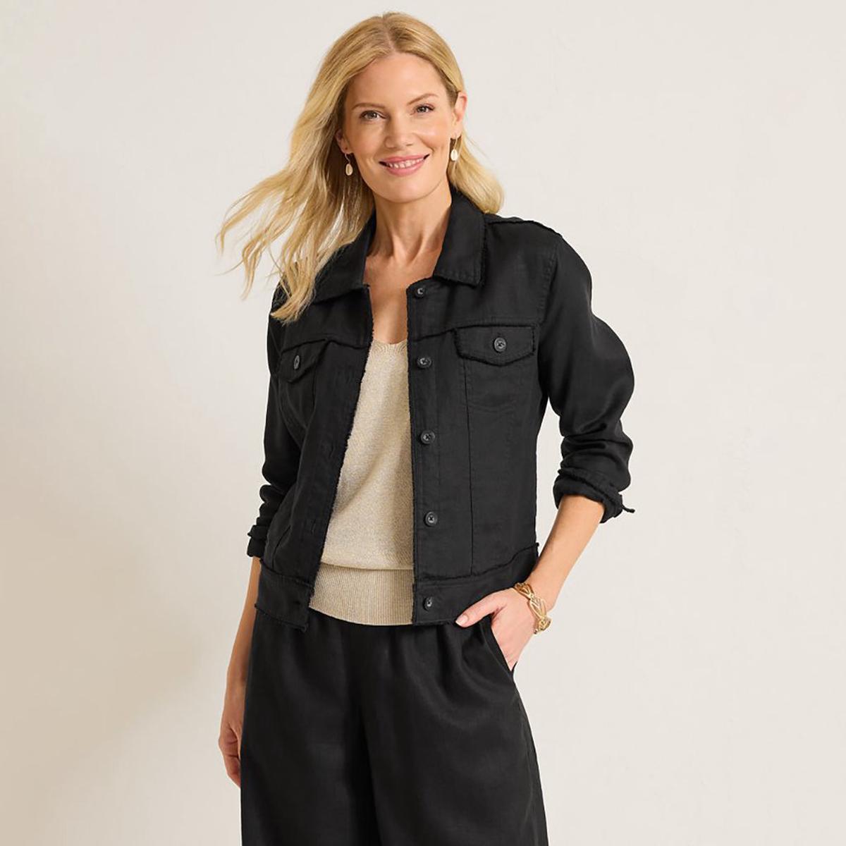 "Tommy Bahama" Two Palms Linen Raw-Edge Jacket Black