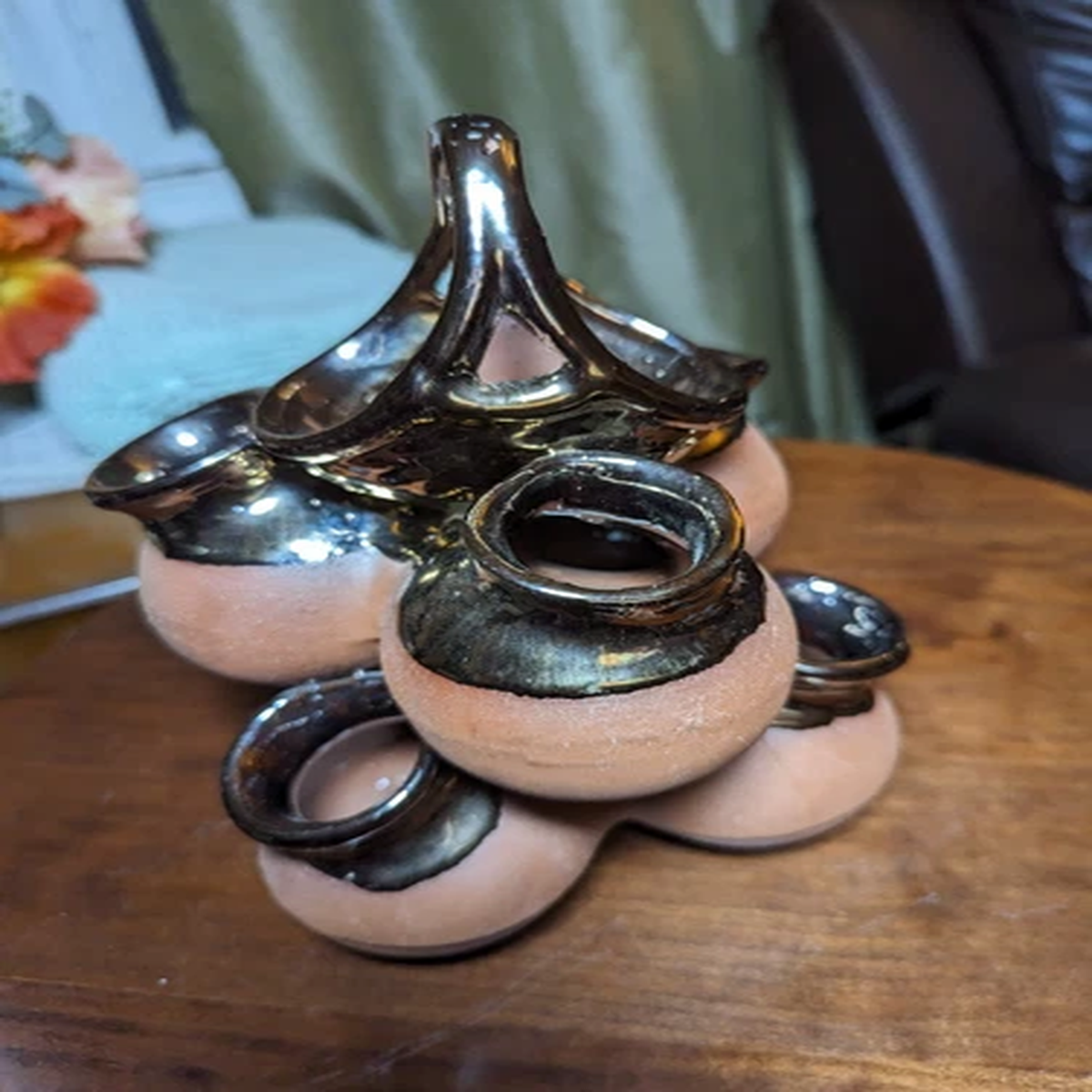 Vintage Succulent Redware Planter 9.5" Tall Pile Of Pots Bronze Rim