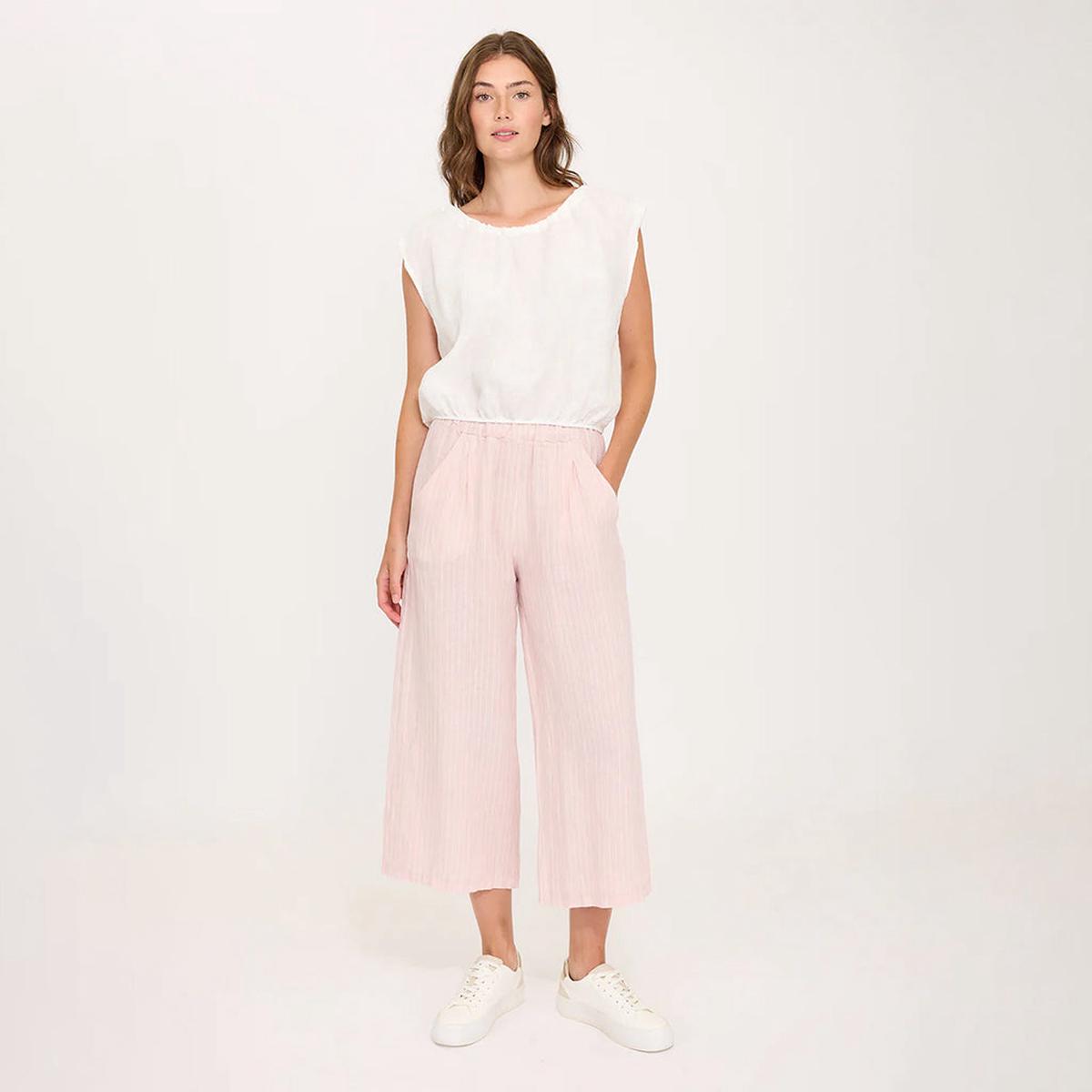 Pinstrip Cropped Linen Pant Pink Mist