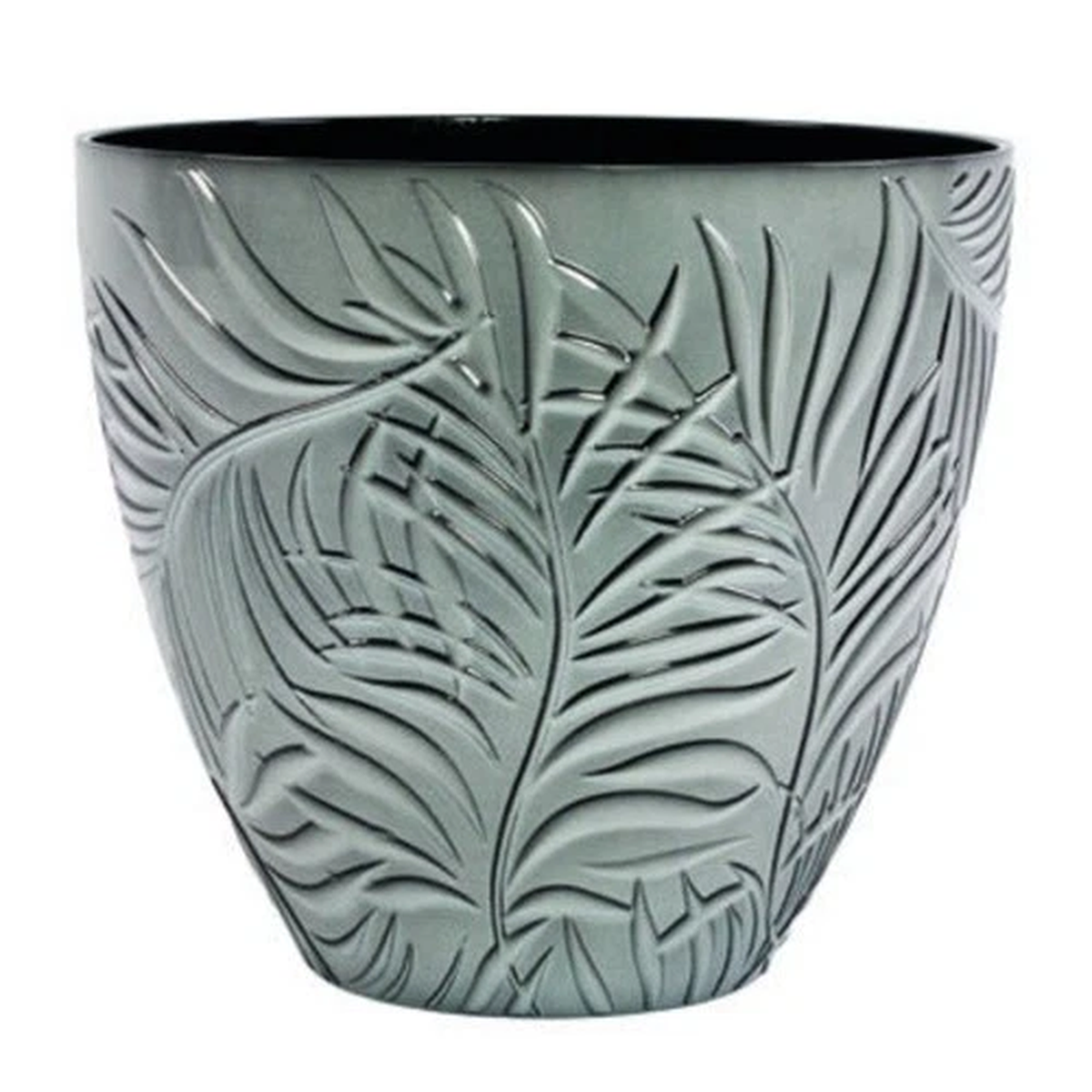 Round Plastic Grey Plant Pot 23cm Fern Leaf Embossed Home Outdoor Flower Planter