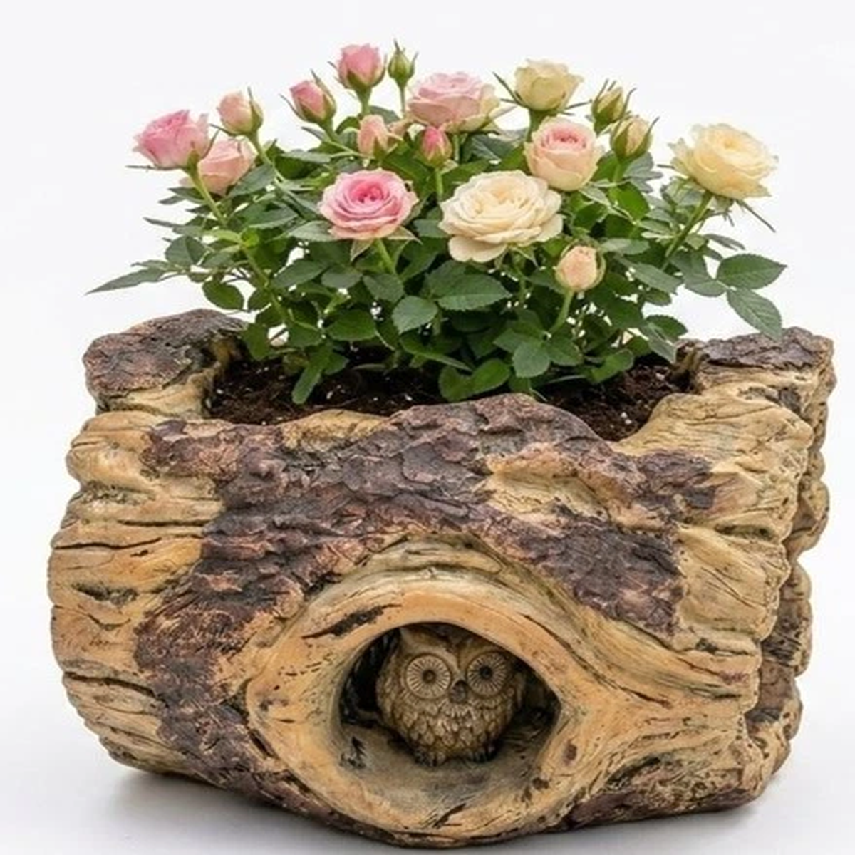 Cement Log Owl Planter Outdoor Garden Tree Trunk Freestanding Flower Plant Pot