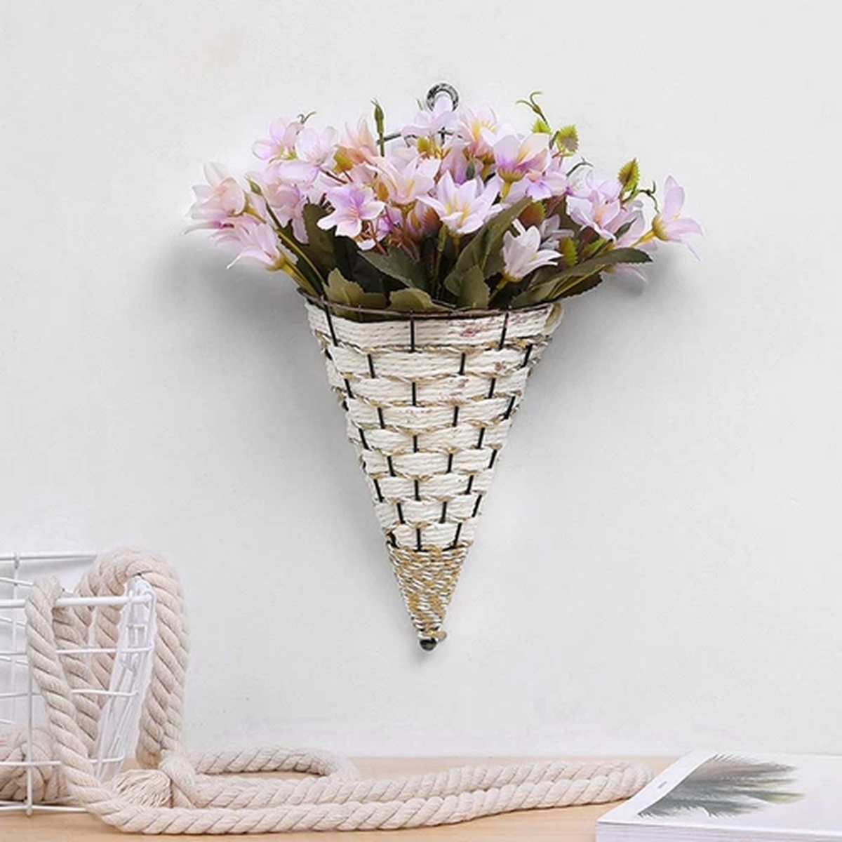 Rattan Hanging Planter Plant Pot Basket Flower Wall Mount Holder Garden Decor UK