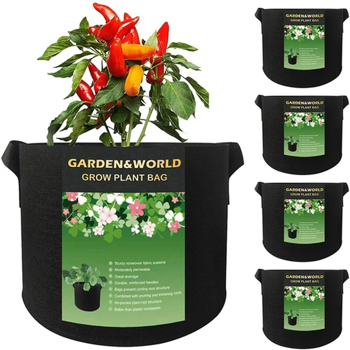 5-Pack Heavy Duty 300G Plant Grow Bags Thickened Nonwoven Fabric Pots