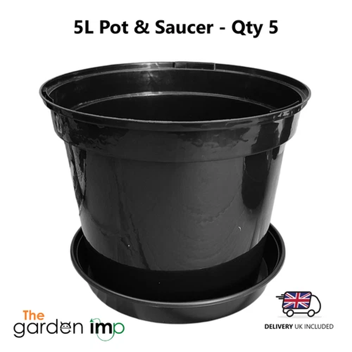 5L Plant Pots & Saucers Black Plastic Round Strong Commercial Growing Pot Qty 5