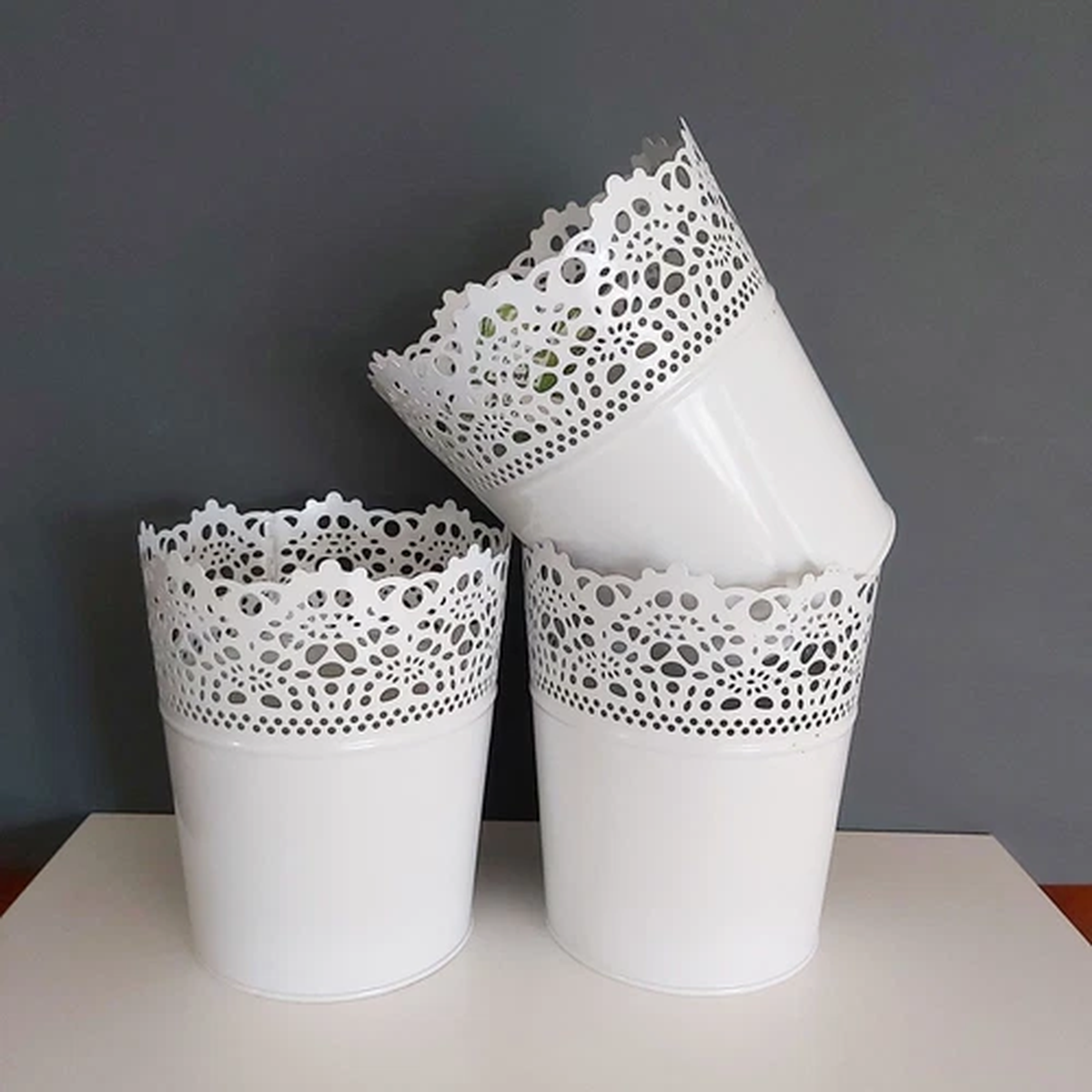White Gloss Metal Floral Garden Planter Pot Home - NEW