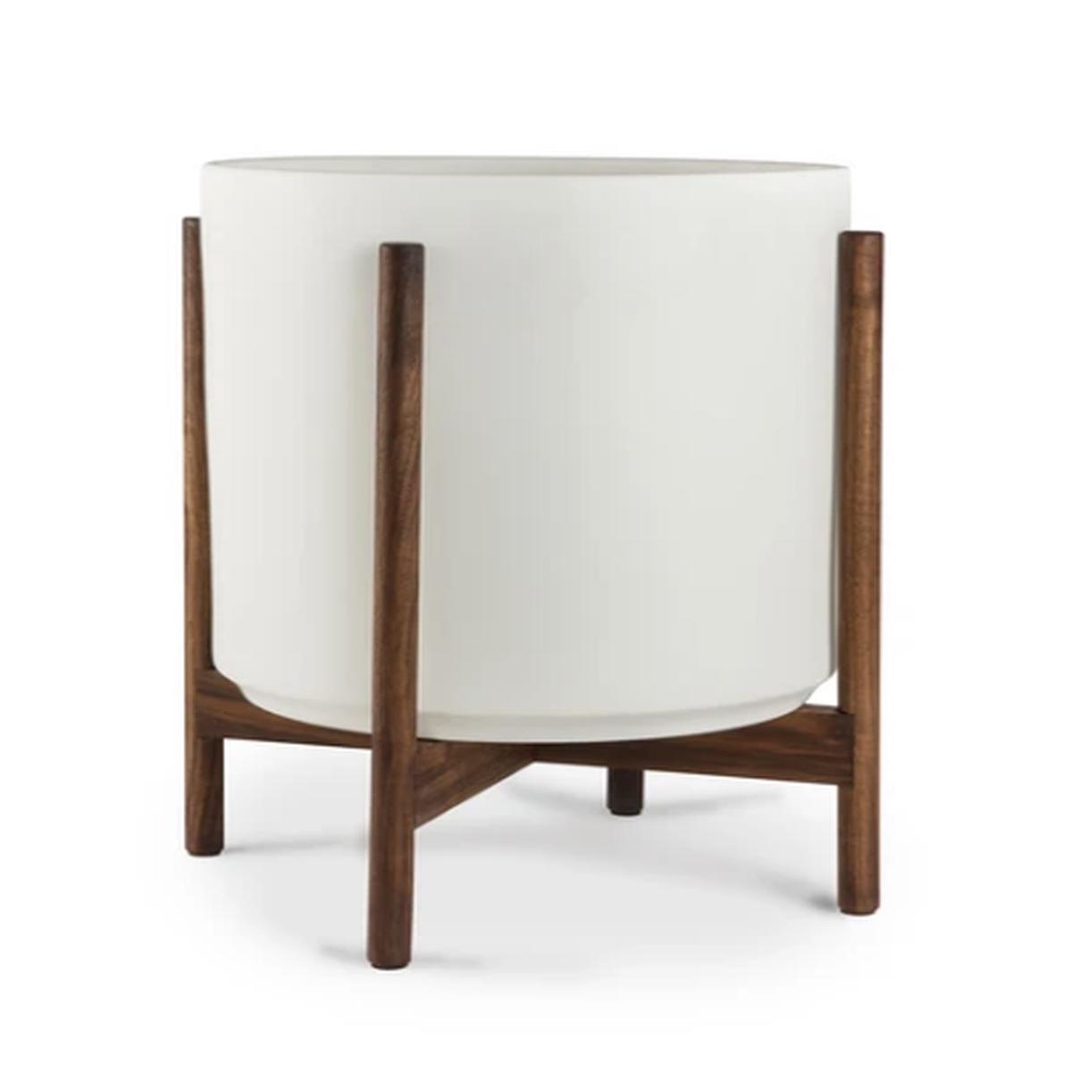 14 Inch REVIVAL CERAMICS WHITE CYLINDER WITH DARKENED TEAK STAND - Large