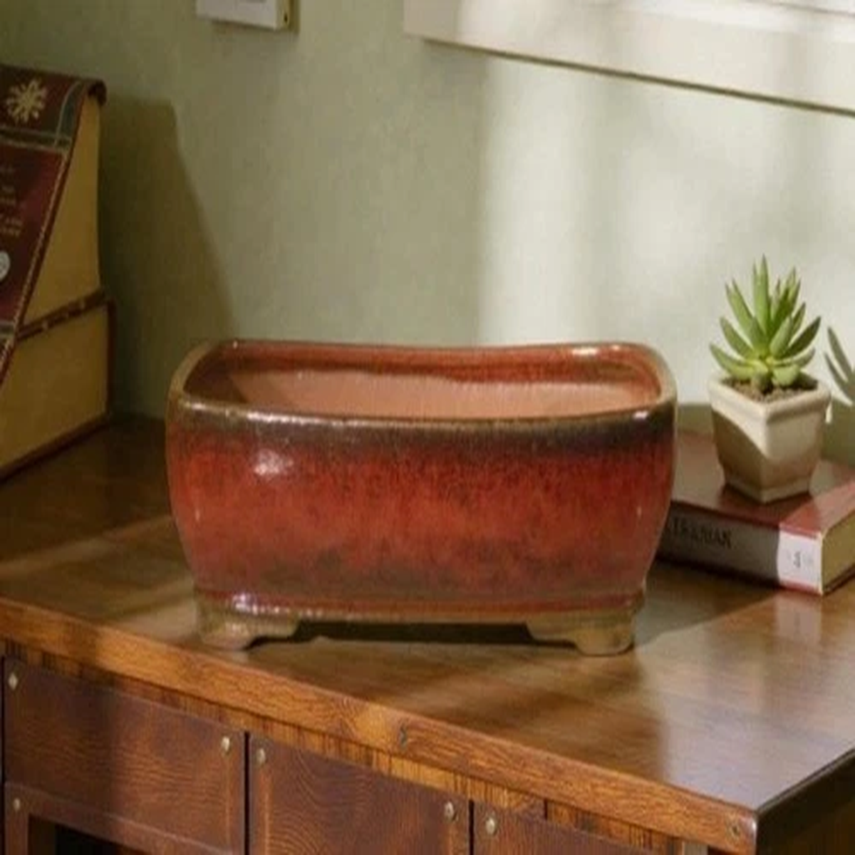 Parisian Red Bonsai Ceramic Pot Glazed Rectangle 10.5" x 8.0" x 3.5" for Plant