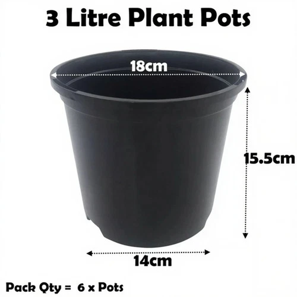 3 Litre Black Plant Pots Plastic Round Flower Pot  L LT High Quality Qty = 6