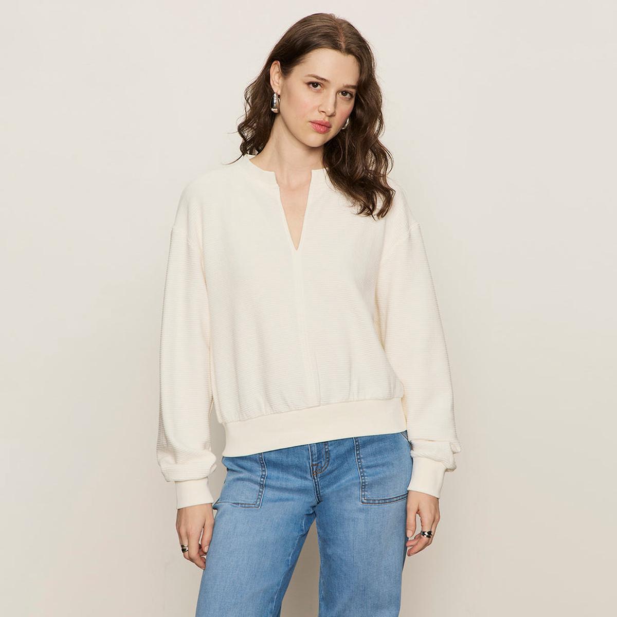 Split Neck Ribbed Top Chalk