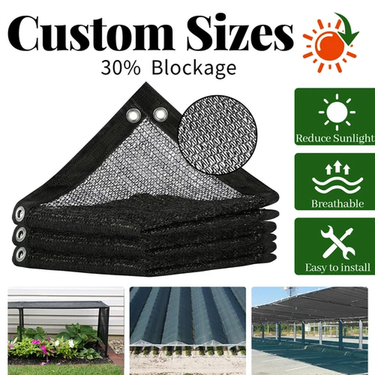 30% Black Shade Cloth,UV Resistant Netting with Upgrade Grommets for Plant Cover