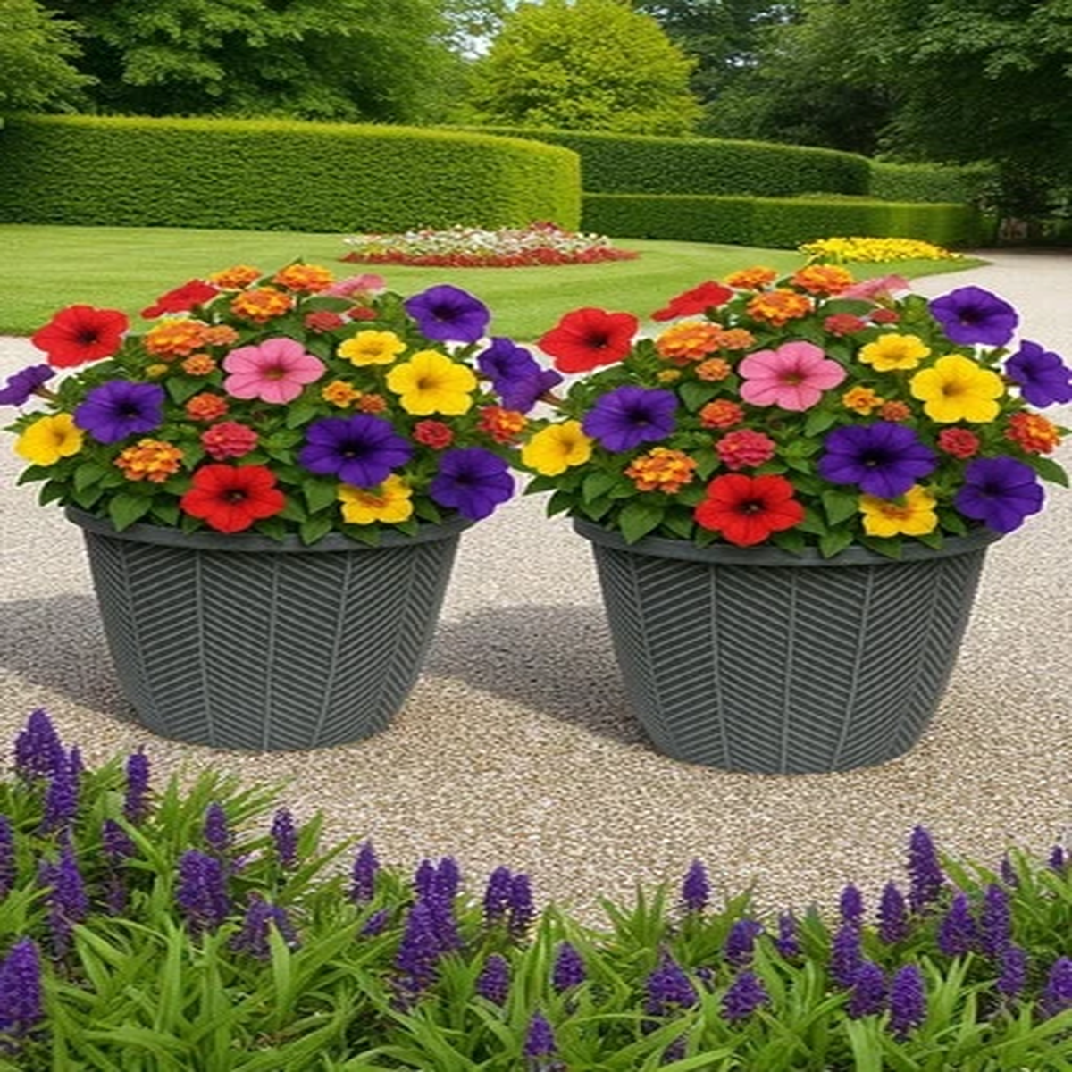 2Pc Round Plastic Silver Grey Plant Pot 31cm Tall Outdoor 13L Garden Planter Pot