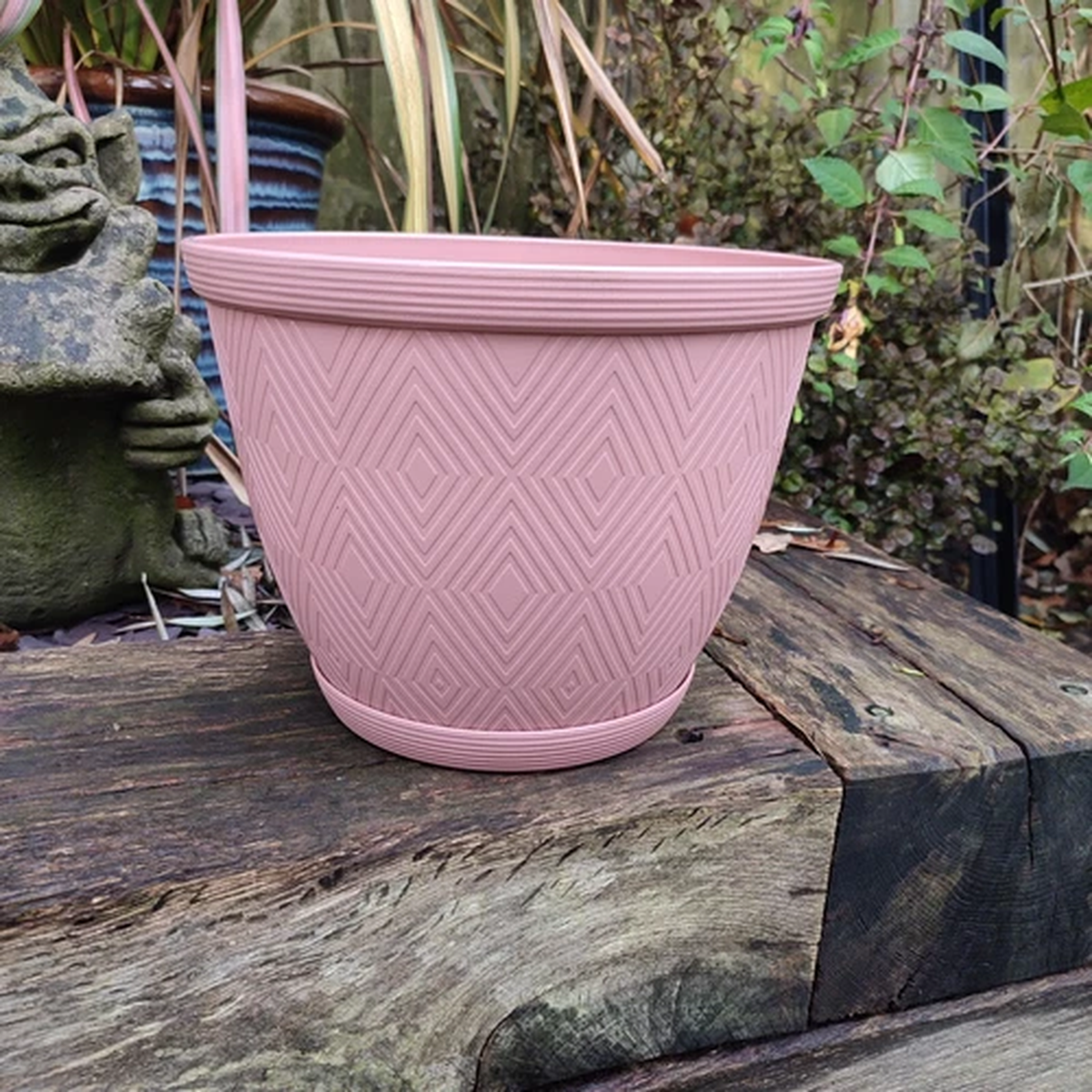 Decorative Plant Pot Saucer Round Plastic Patterned Pink Planter Diamond  25cm
