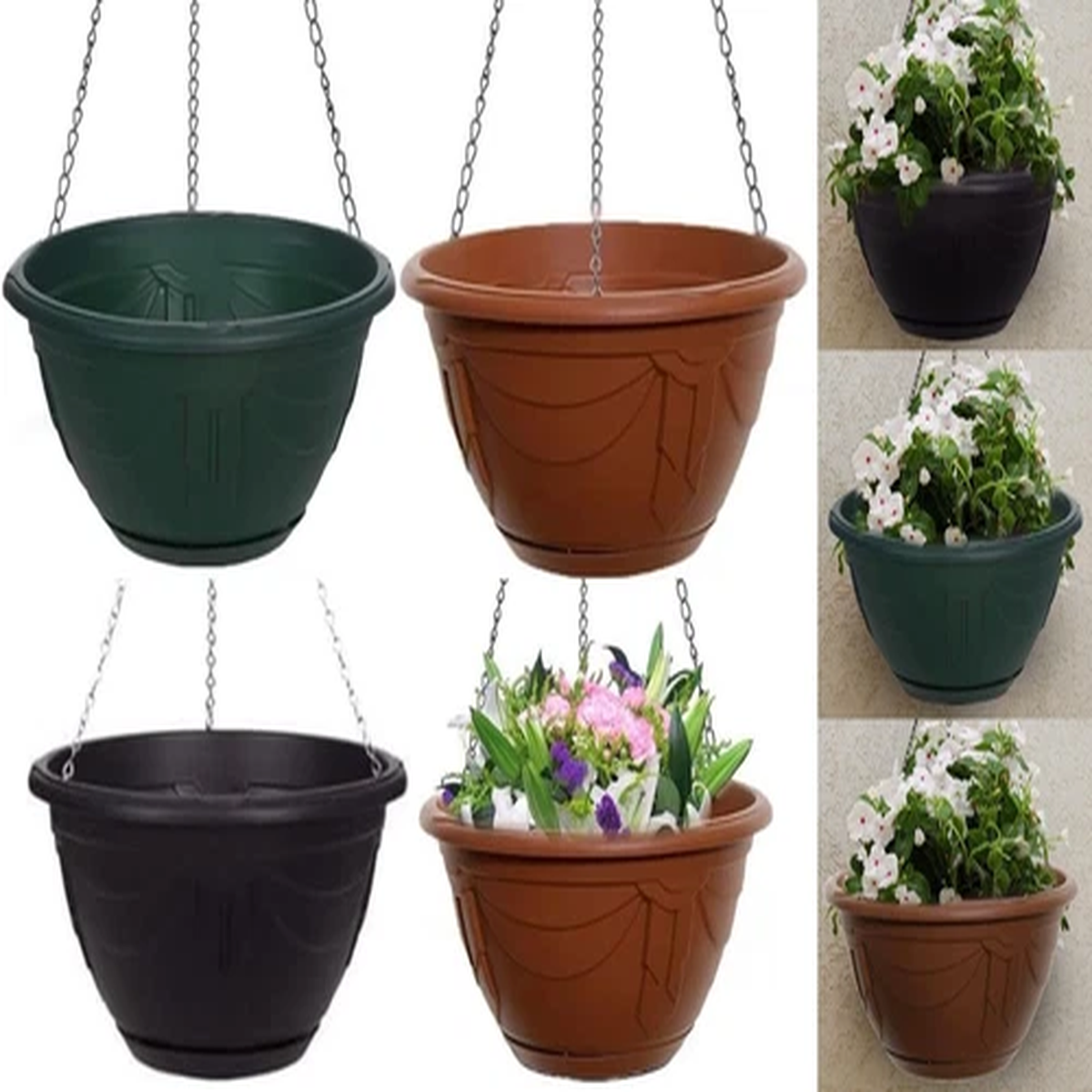 Garden Hanging Flower Plant Basket Venetian Planter Plastic Pot With Chain 32cm