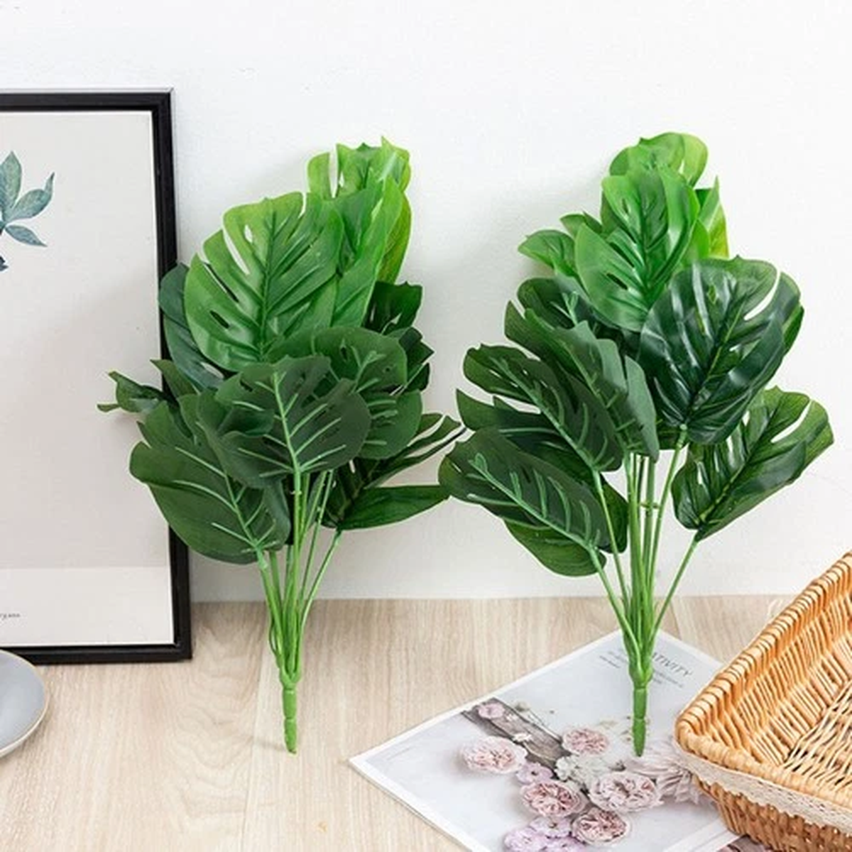 2 Pcs Small Artificial Tropical Plants Green Leaves for Decoration