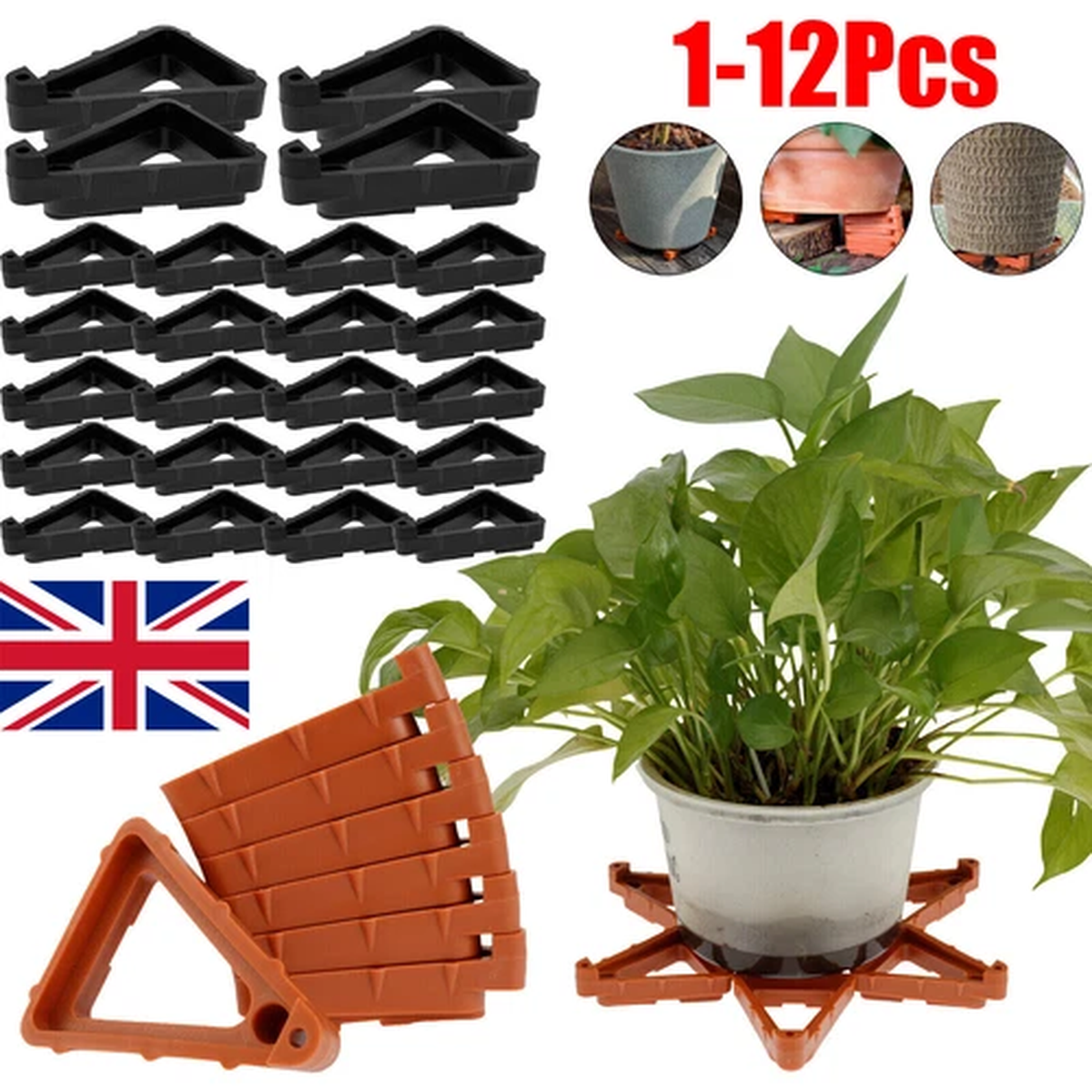1/4/12X Invisible Low Profile Flower Pot Feet Garden Plant Pot Triangle Tray UK