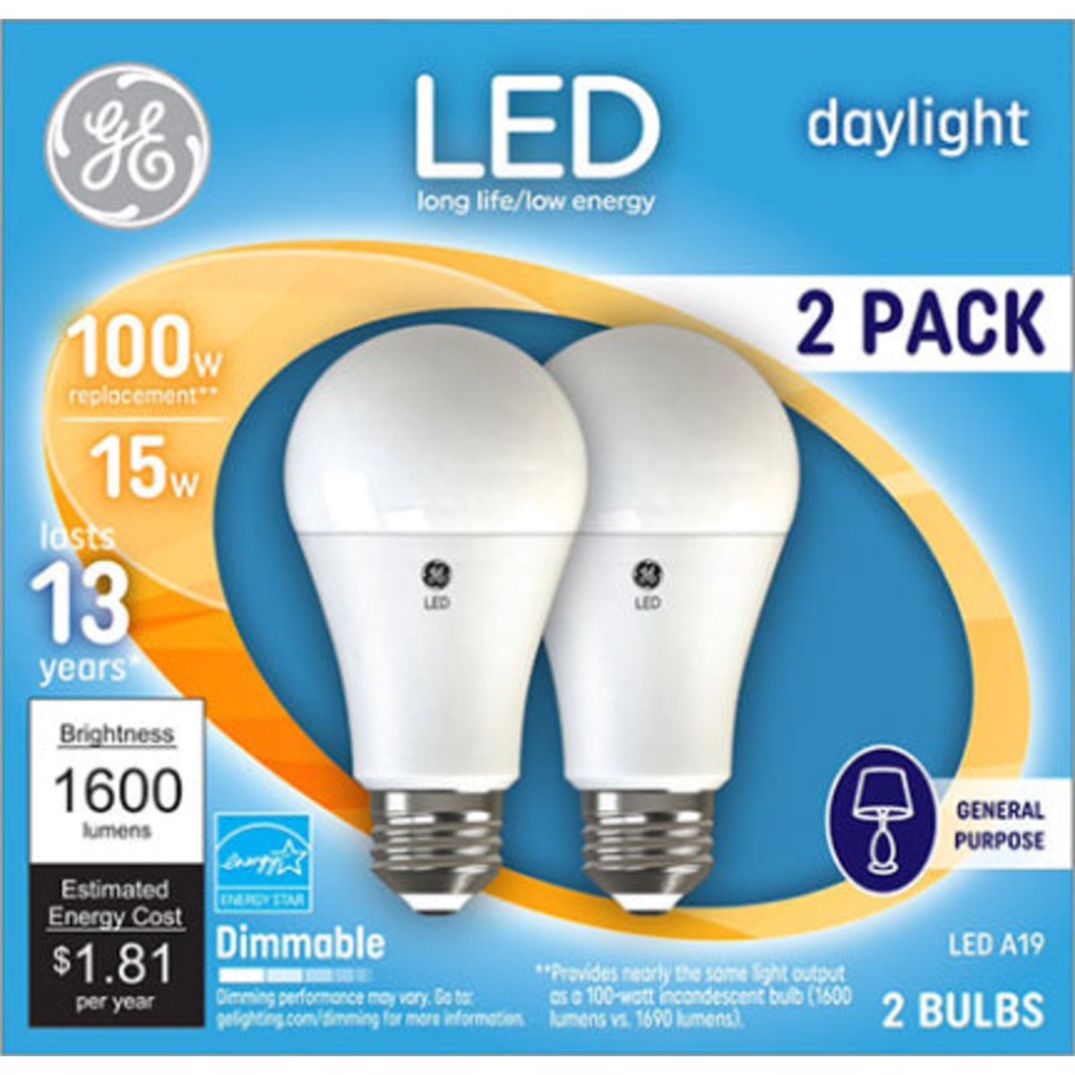 15W LED 100W EQ A19 DAYLIGHT 2-PK