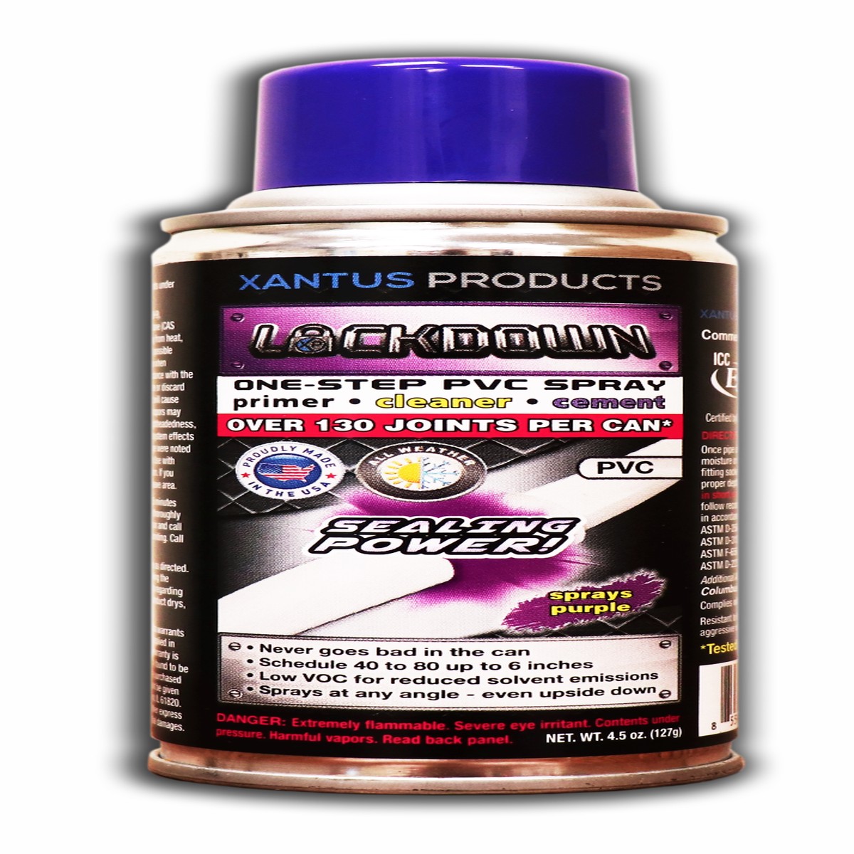 Xantus Products LD-04P Lockdown One-Step PVC Spray Primer/Cleaner/Cement, Purple, 4.5 oz. Can