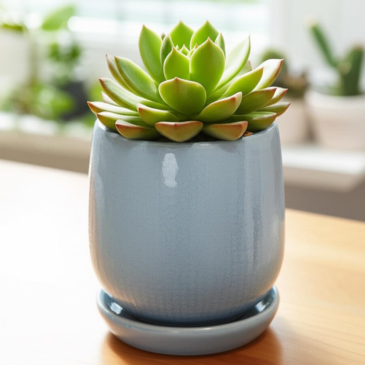 4 inch Blue Ceramic Pot with Saucer