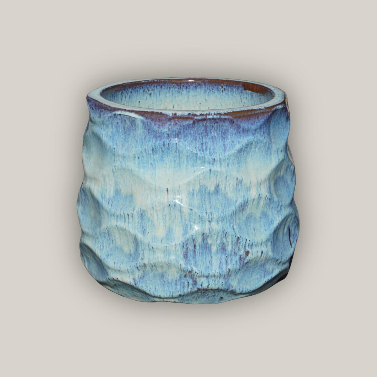 6101H50 - White Blue Modern Wave Round Ceramic Planters - 17" x 17" x 17.5" | White Blue