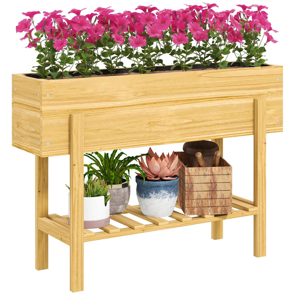 Wooden Raised Garden Planter Bed with Liner Storage Shelf and Drainage for Vegetables and Flowers by Outsunny