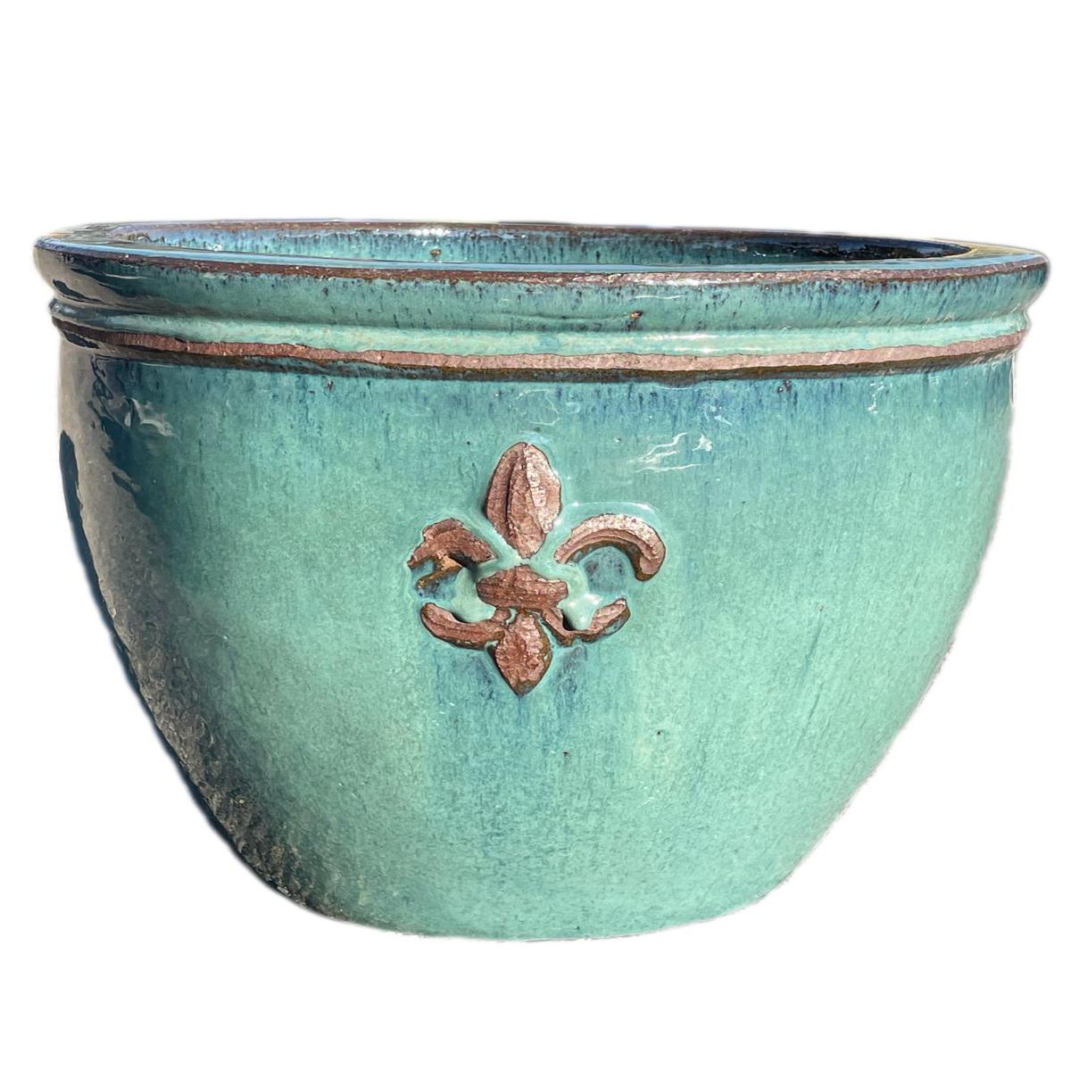 8455N19 - Marble Green Fleur de Lis Double Rim Ceramic Planter - 16" x 16" x 14" | Marble Green