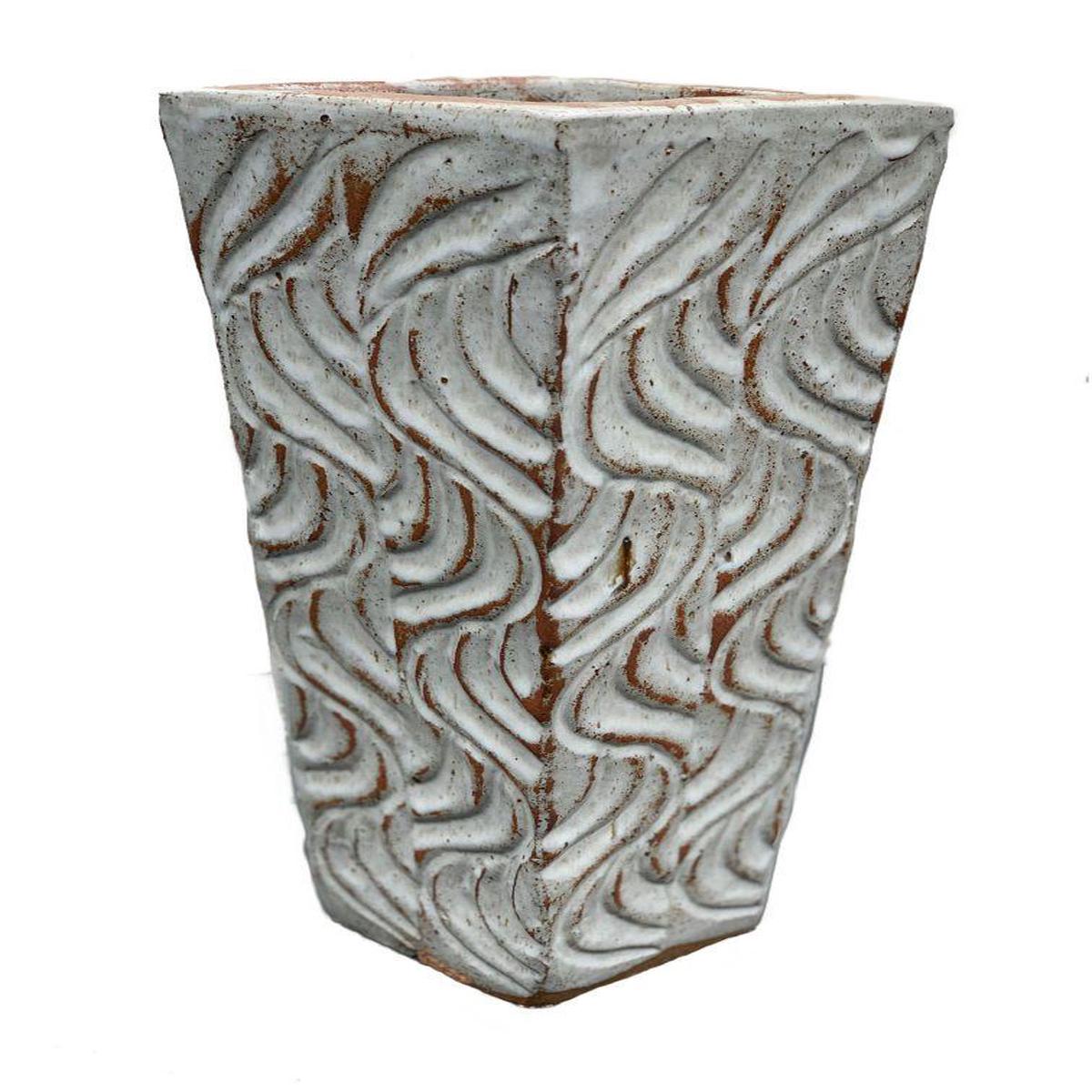 9068P73 - Tuscany White Wavy Line Square Pot - 8" x 8" x 18"