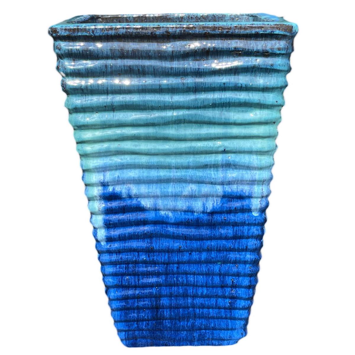 9755P37A - Aqua/Blue Ceramic Ripple Square Planter - 20" x 20" x 39" / Aqua/Blue