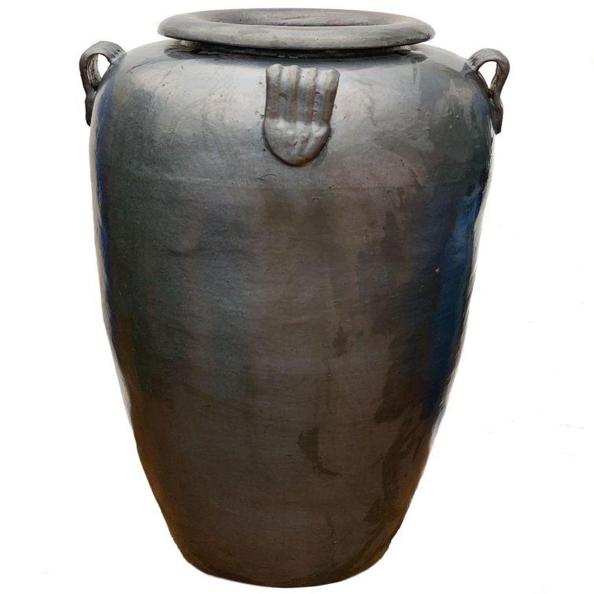 9840C8 - Matte Black Ceramic Temple Jar With Handles - 24" x 24" x 45" - Matte Black