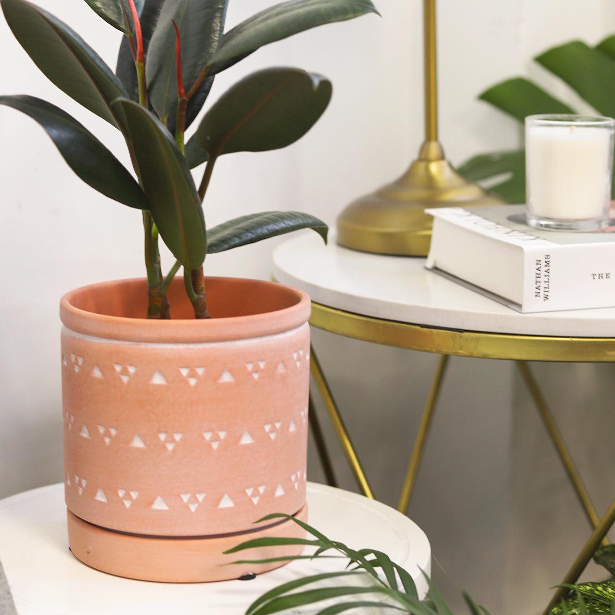 6 inch Cylinder Terracotta Clay Geometric Triangle Pattern Planter