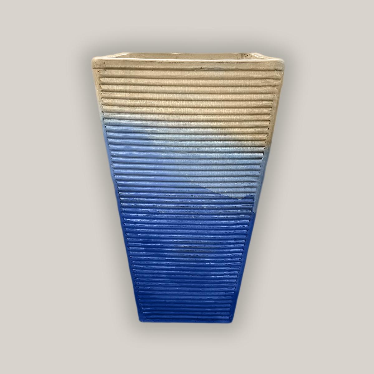 297M58 - Cream/Blue Horizontal Line Ceramic Square Planter - 9" x 9" x 21" | Cream/Blue