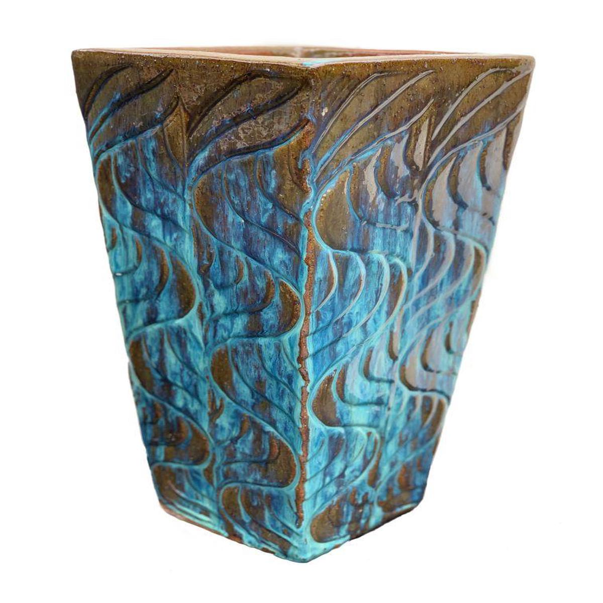 9068P74 - Tuscany Aqua Wavy Line Wedge Pot - 11" x 11" x 22"