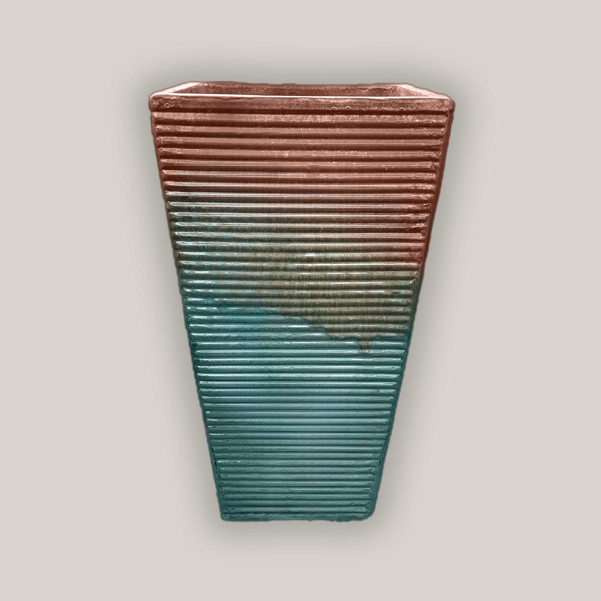 297M38 - Iron Rust/Copper Chun Horizontal Line Ceramic Square Planter - 7" x 7" x 14"