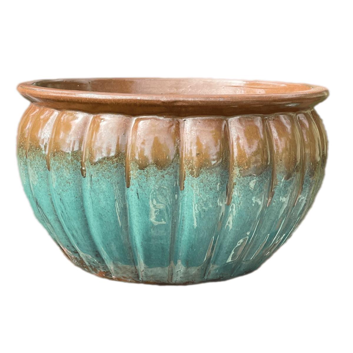 281M28 - Flared Rim Striped Ceramic Pot - 21" x 21" x 17" / Iron Rust/Marble Green