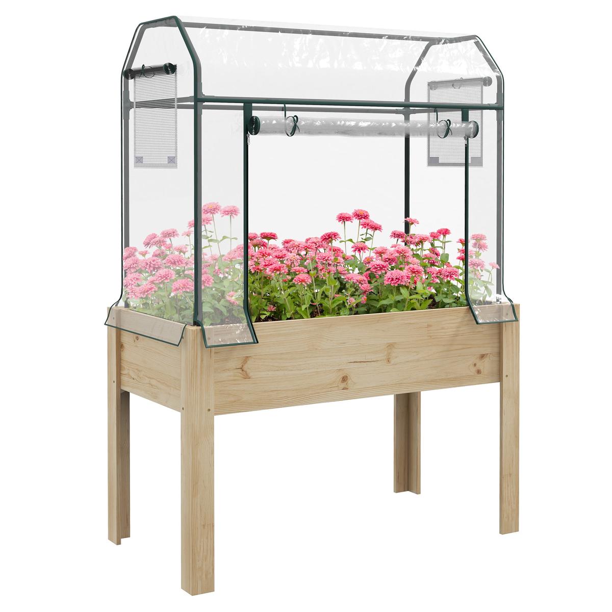 Wooden Raised Garden Planter with Greenhouse Cover Ideal for Vegetables and Herbs, Brown