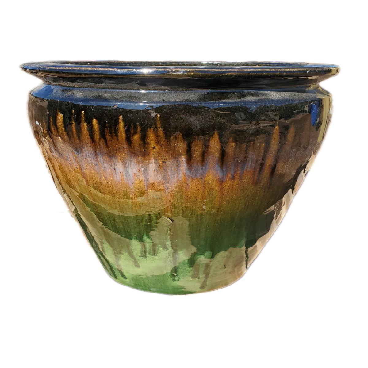 9009P17 - Ceramic Pavia Planter - Shiny Black, Cream, Apple Green | 9" x 9" x 14"