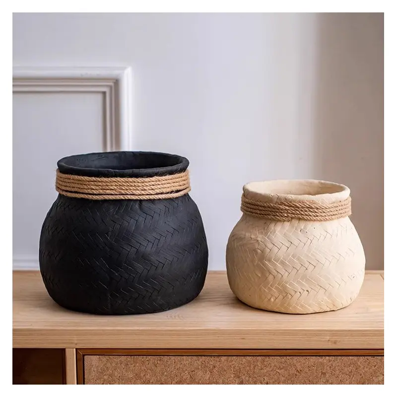 Woven Cement Planter With Rope Accent
