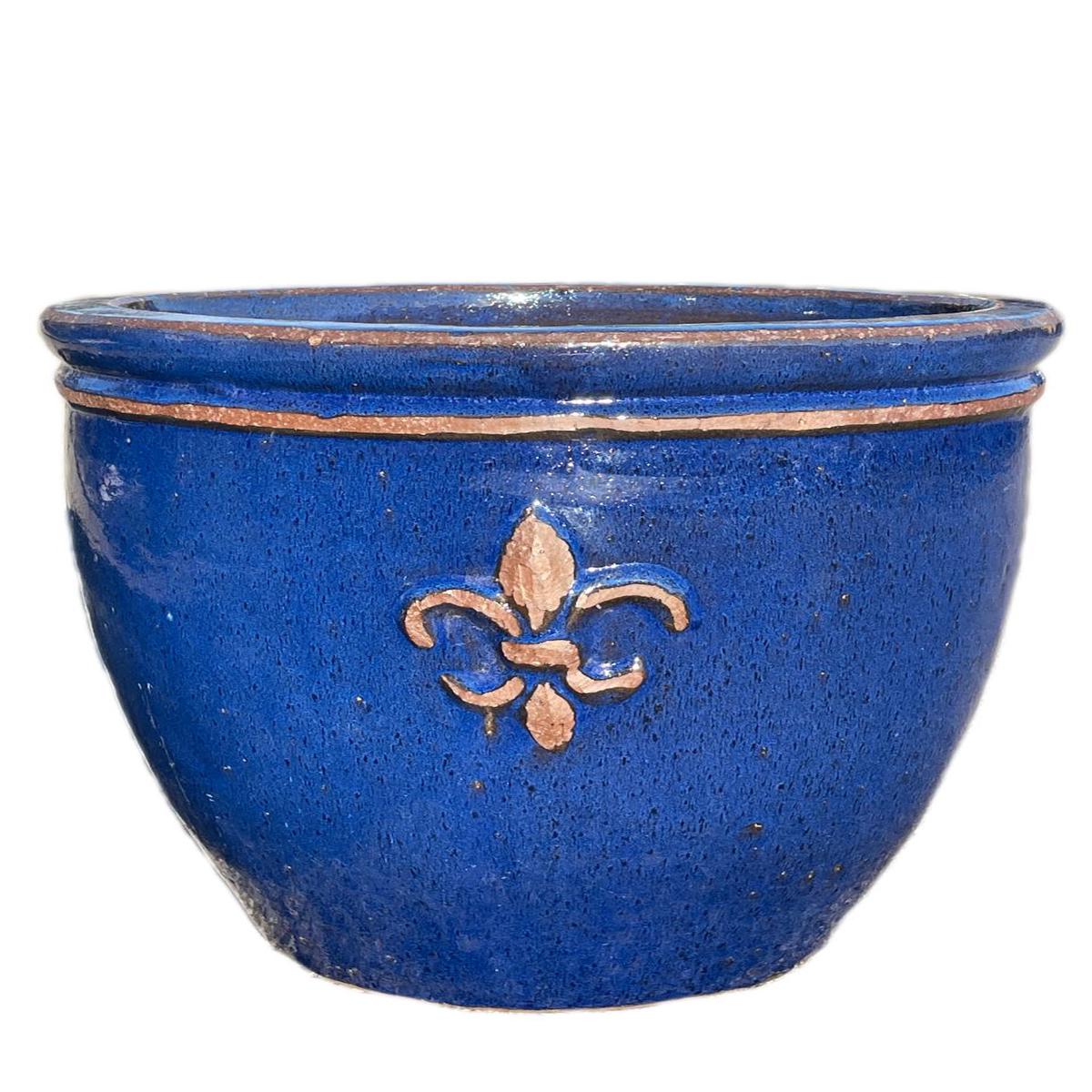 8455N70FS - Antique Blue Fleur de Lis Double Rim Ceramic Planter - FREE SHIPPING - 20" x 20" x 16" | Antique Blue