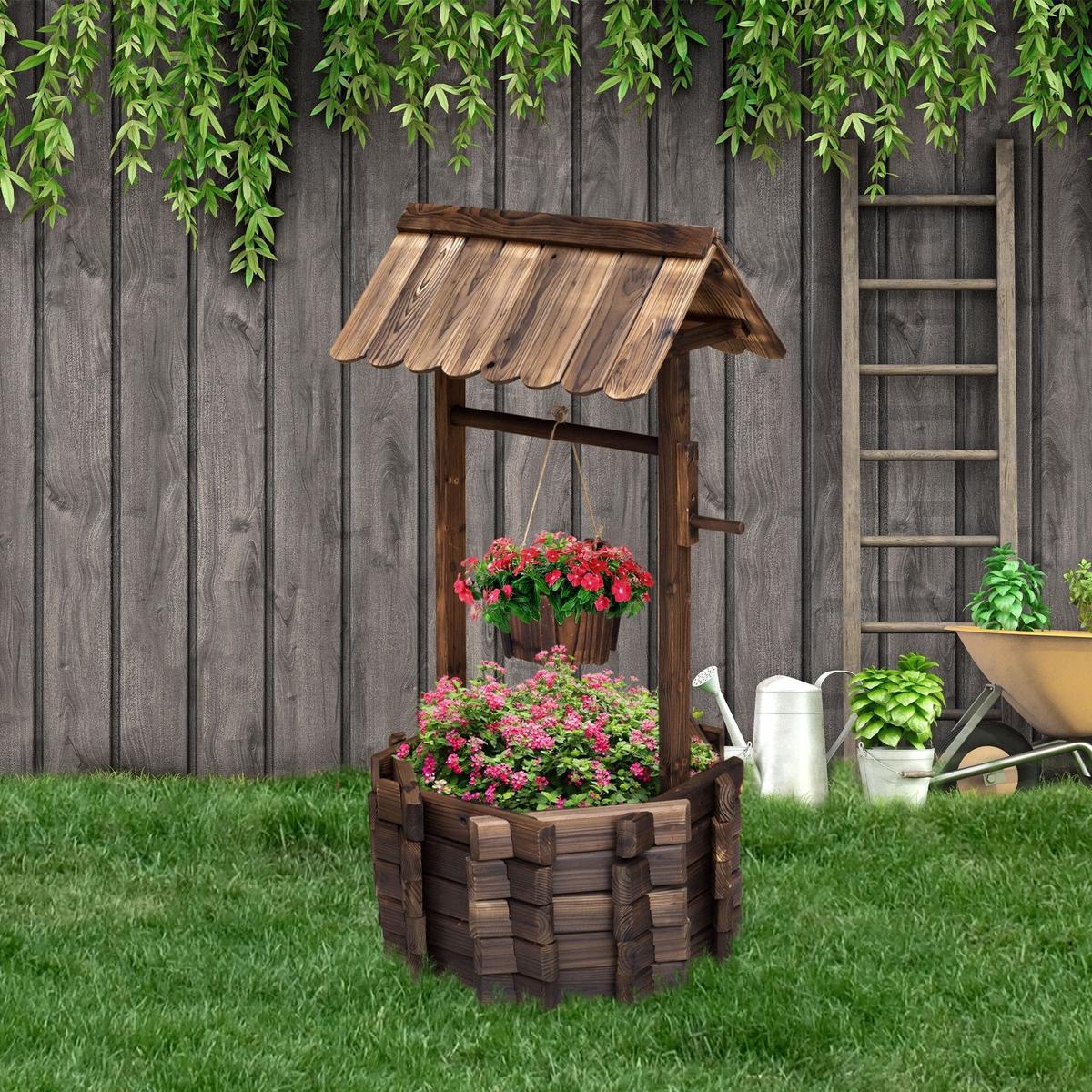Wooden Wishing Well Planter w/ Bucket